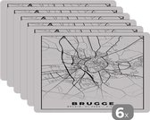 Placemat - Placemats kunststof - Plattegrond – Brugge – Zwart Wit – Stadskaart - Kaart - België - 45x30 cm - 6 stuks - Hittebestendig - Anti-Slip - Onderlegger - Afneembaar