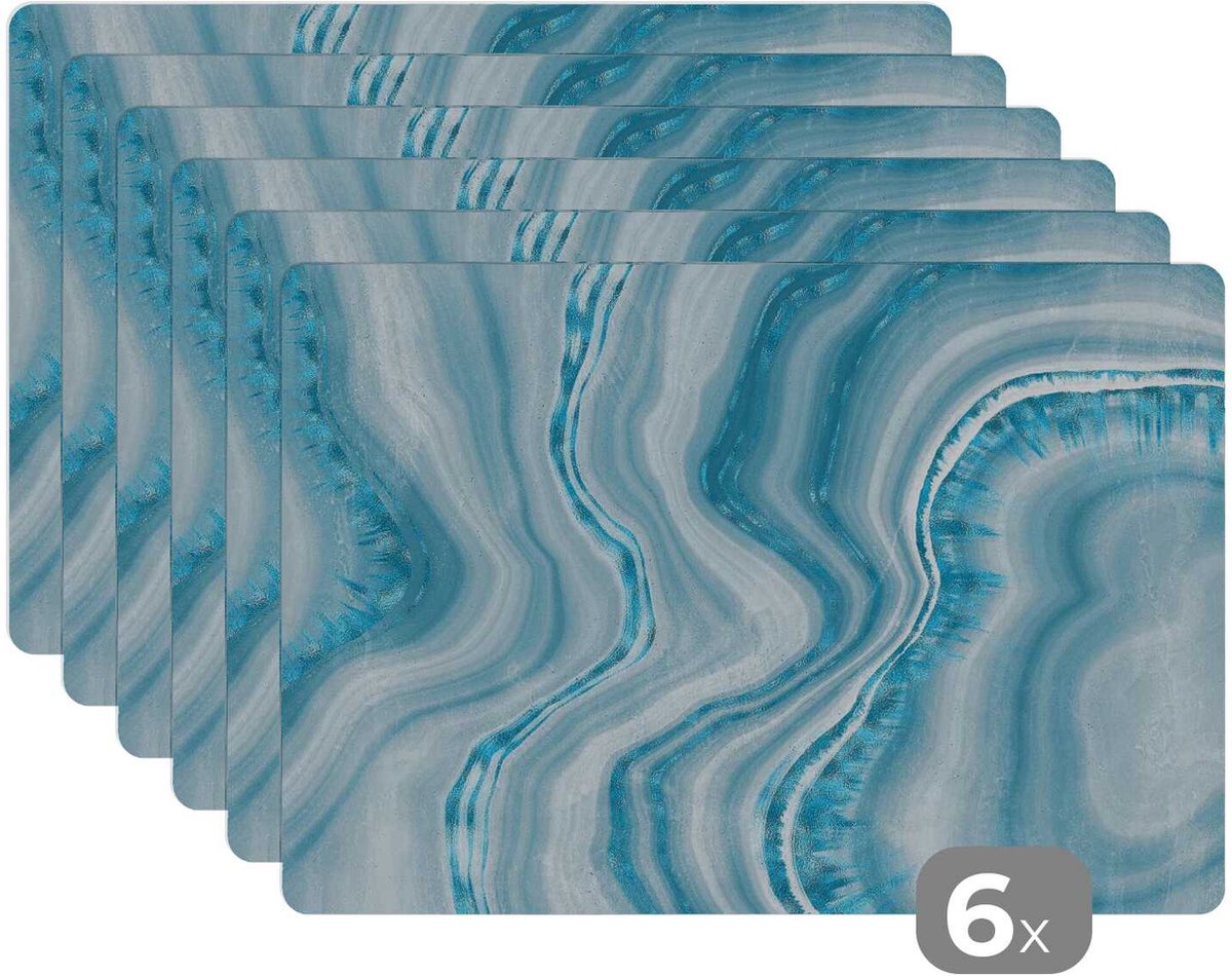 Placemat - Placemats kunststof - Marmer - Blauw - Patroon - 45x30 cm - 6 stuks - Hittebestendig - Anti-Slip - Onderlegger - Afneembaar