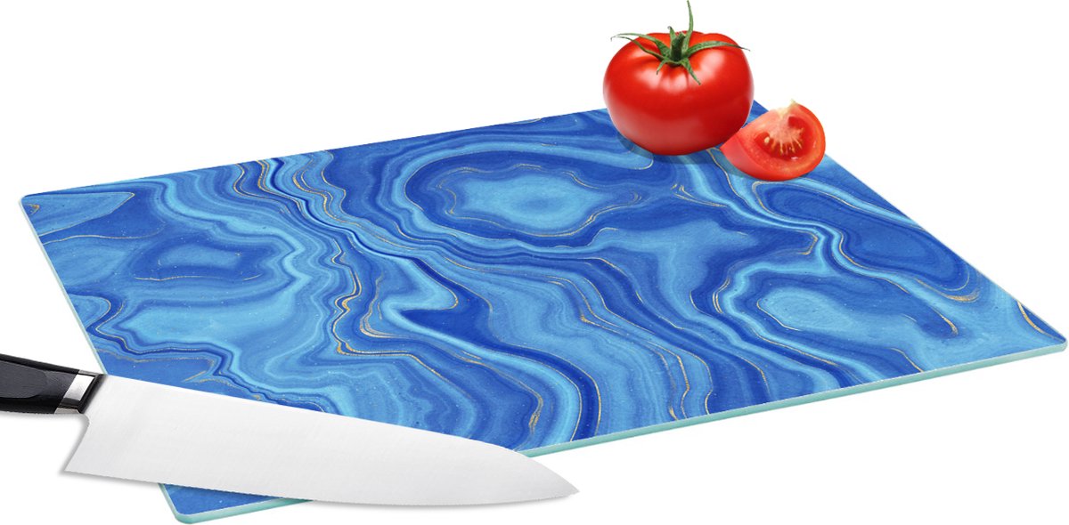 Glazen Snijplank - 39x28 - Marmer - Blauw - Lijn - Snijplanken Glas