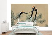 Behang - Fotobehang Kraanvogel - Bladeren - Vintage - Japans - Scandinavisch - Breedte 390 cm x hoogte 260 cm