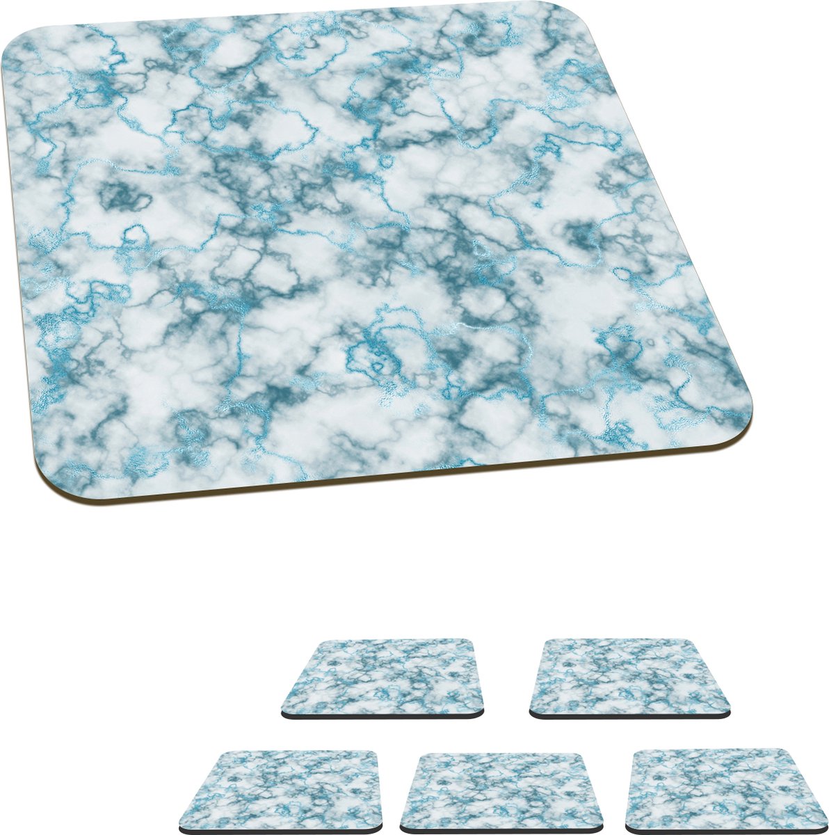 Onderzetters voor glazen - Marmer - Turquoise - Lijn - 10x10 cm - Glasonderzetters - 6 stuks