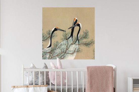 Stickers muraux - Film autocollant - Feuilles - Grue - Japonais - Vintage - 80x80 cm - Film adhésif - Stickers muraux Chambre d'enfant - Papier peint autocollant