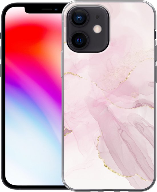 Telefoonhoesje Geschikt voor iPhone 12 mini hoesje - Marmer print - Gouden - Lijn - Siliconen Telefoonhoesje Telefoonhoesje