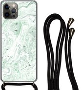 Cordon téléphonique - Chaîne téléphonique - Coque avec cordon iPhone 13 Pro Max - Marbre - Vert - Wit - Siliconen - Bandoulière - Coque pour téléphone avec cordon