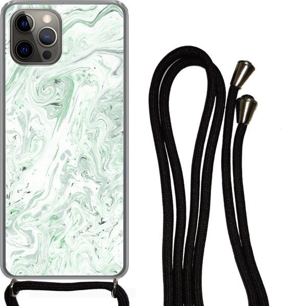 Telefoonkoord - Telefoonketting - Telefoonhoesje Geschikt voor iPhone 13 Pro Max - Marmer print - Groen - Wit - Siliconen - Crossbody - Telefoonhoesje met koord Telefoonhoesje