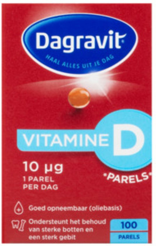 Dagravit Vitamine D 10µg parels - Ondersteunt het behoud van sterke botten en een sterk gebit - Goed opneembaar door de oliebasis - 100 parels