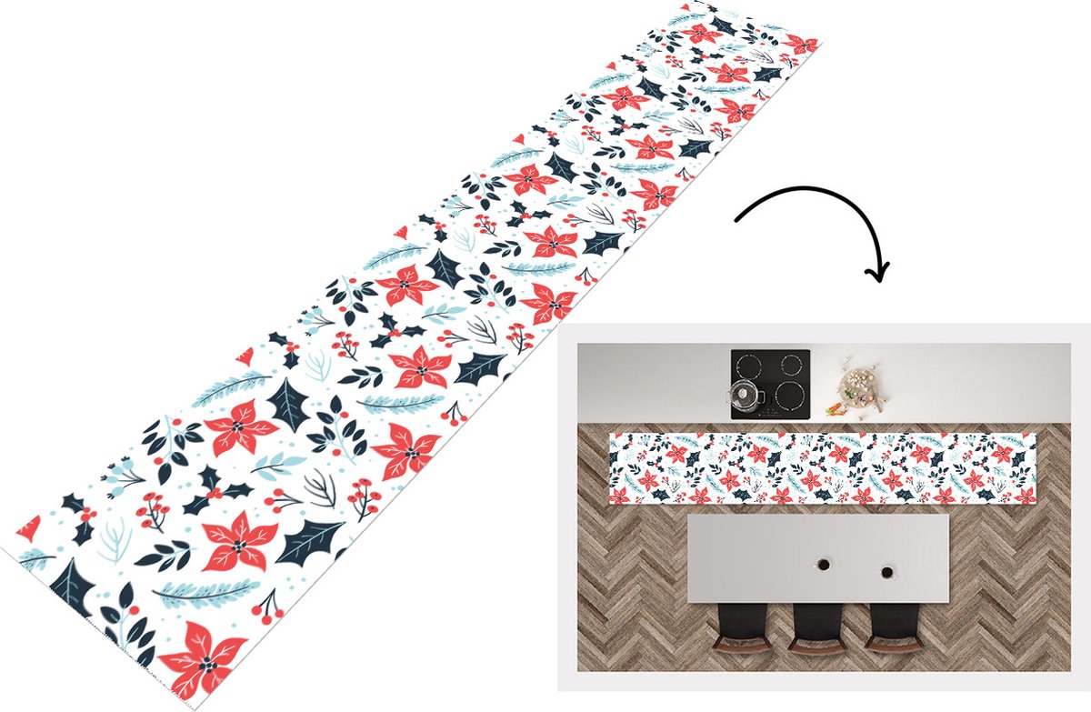 KitchenYeah Keukenloper - Keukenmat - Winter - Bloemen - Kerst - Patronen - 360x60 cm - Keuken vloerkleed Multicolor