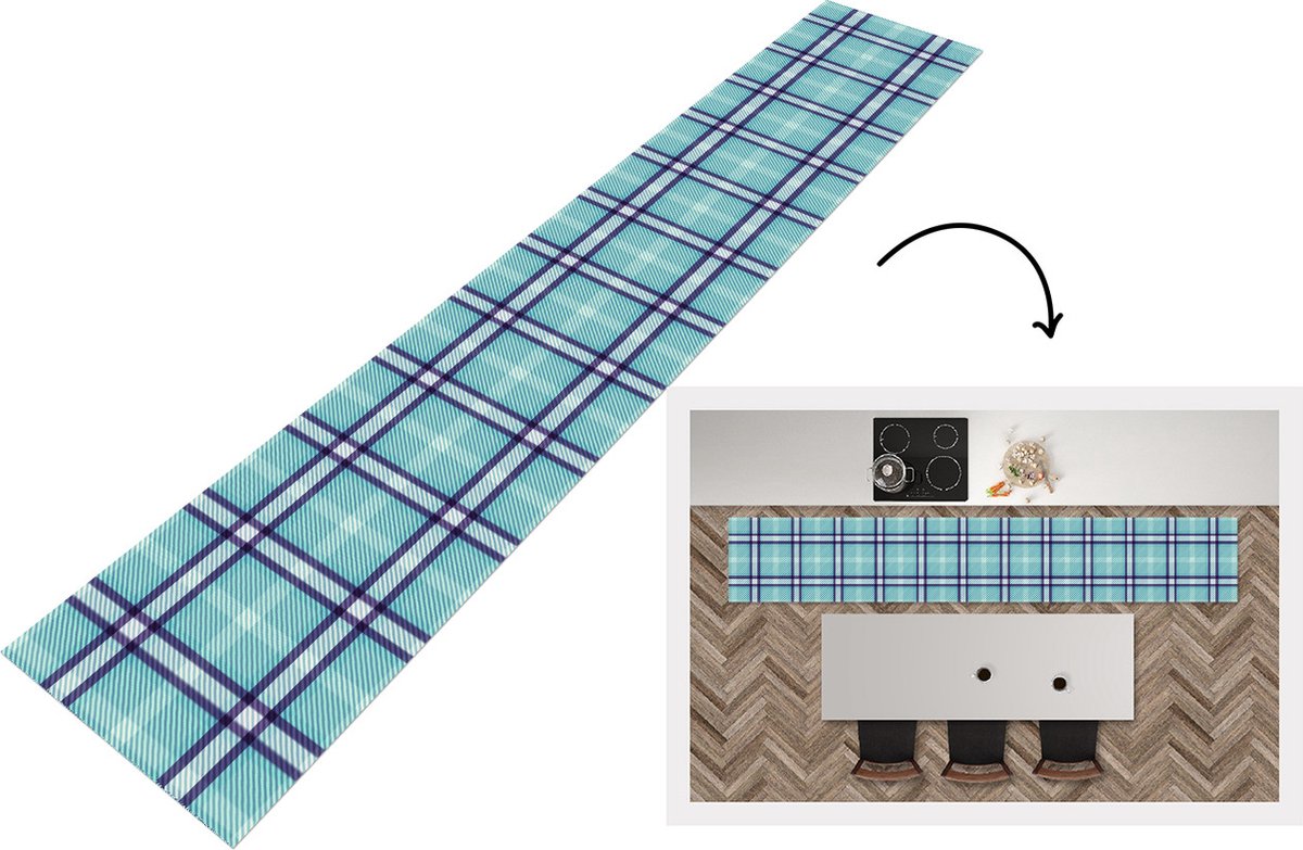 KitchenYeah Keukenloper - Keukenmat - Plaid - Blauw - Patronen - Schotse ruit - Keuken vloerkleed Multicolor