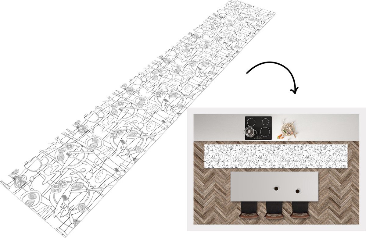 KitchenYeah Keukenloper - Keukenmat - Vis - Patronen - Zwart Wit - Keuken vloerkleed Zwart; Wit