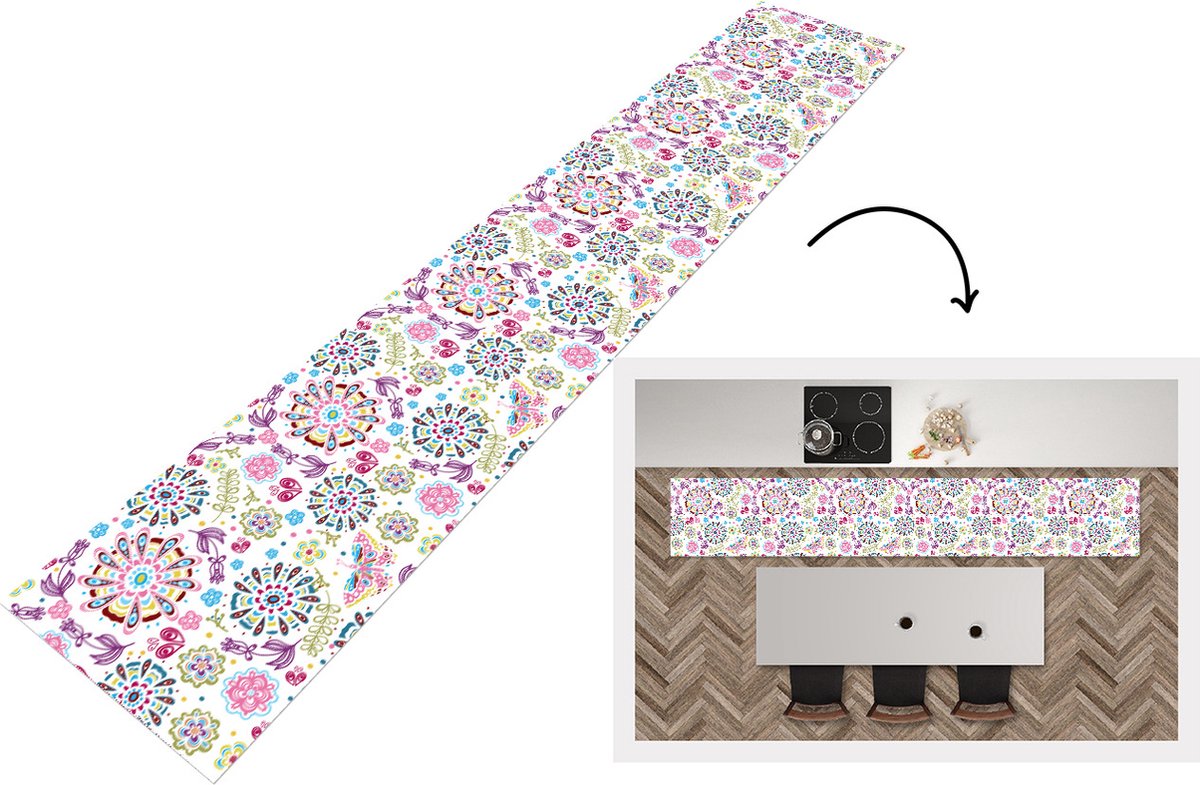 KitchenYeah Keukenloper - Keukenmat - Regenboog - Bloemen - Vlinder - Design - 360x60 cm - Keuken vloerkleed Multicolor
