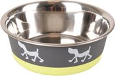 Flamingo eet- en drinkpot silhouette donkergrijs & limoengroen & wit & zilver rond - s | 14cm l x 14cm b x 4.9cm h - 400ml - ∅ 14cm