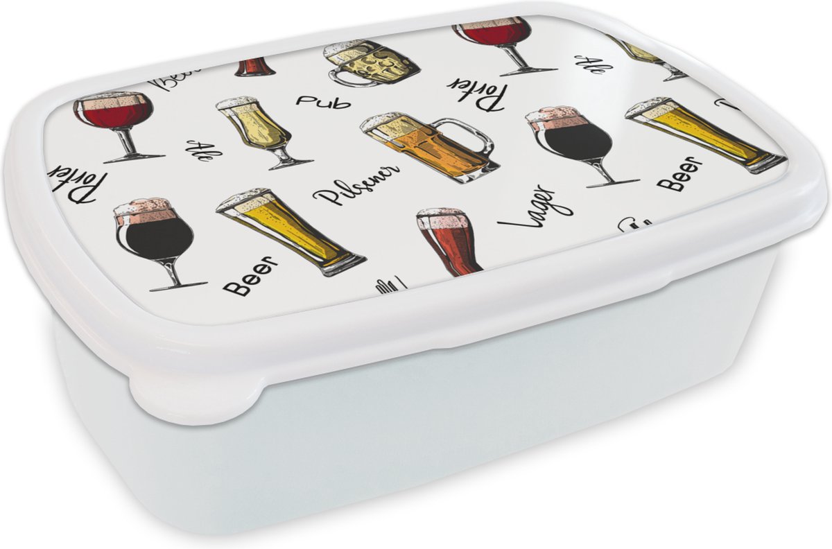 Broodtrommel Wit - Lunchbox - Brooddoos - Bier - Glazen - Patroon - 18x12x6 cm - Volwassenen