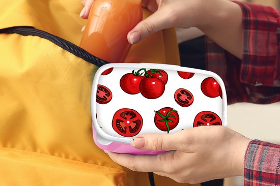Broodtrommel Roze - Lunchbox - Brooddoos - Rood - Patronen - Tomaten - 18x12x6 cm - Kinderen - Meisje