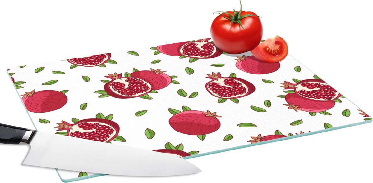 Glazen Snijplank - 39x28 - Fruit - Bladeren - Patroon - Granaatappel - Snijplanken Glas