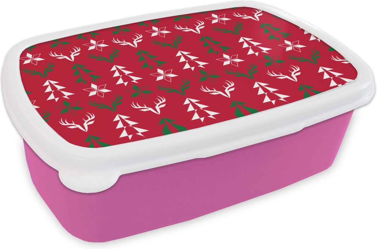 Broodtrommel Roze - Lunchbox - Brooddoos - Hert - Patroon - Kerst - 18x12x6 cm - Kinderen - Meisje