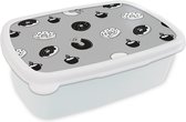 Broodtrommel Wit - Lunchbox - Brooddoos - Donut - Patronen - Koffie - Zwart Wit - 18x12x6 cm - Volwassenen