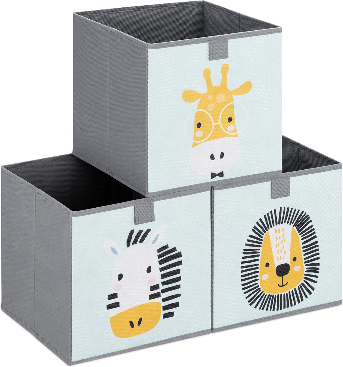 Navaris opbergdozen voor kinderen - Set van 3 opbergboxen met treklus - 28 x 28 x 28 cm - Opvouwbaar - Opbergmanden in mintgroen met dierenmotief