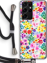 Case Company® - Samsung Galaxy S21 Ultra hoesje met Koord - Little Flowers - Telefoonhoesje met Zwart Koord - Bescherming aan alle Kanten en Over de Schermrand