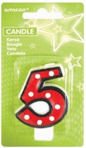 verjaardagskaars 5 - Dots & Black Border 7,6 cm rood