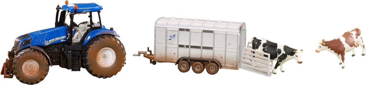 Siku New Holland T8.390 trekker met veetrailer en 2 koeien 1:32