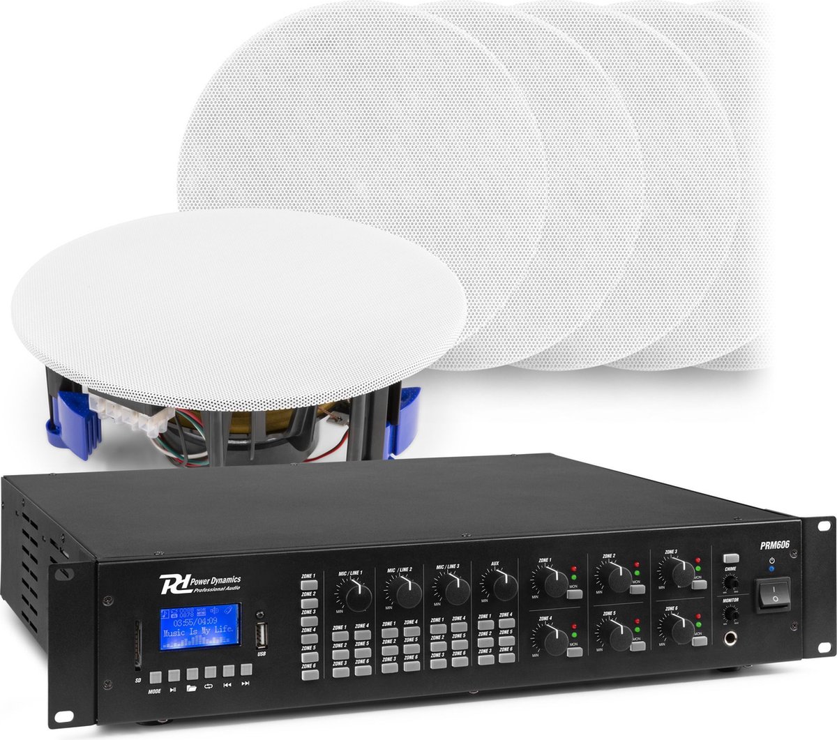 6-zone Bluetooth geluidsinstallatie van Power Dynamics - 12 witte plafondspeakers + 360W versterker