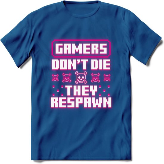 Gamers don't die pixel T-shirt | Neon Roze | Gaming kleding | Grappig game verjaardag cadeau shirt Heren – Dames – Unisex | - Donker Blauw - L