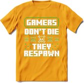 Gamers don't die pixel T-shirt | Groen | Gaming kleding | Grappig game verjaardag cadeau shirt Heren – Dames – Unisex | - Geel - XL