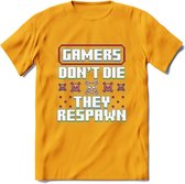 Gamers don't die pixel T-shirt | Gaming kleding | Grappig game verjaardag cadeau shirt Heren – Dames – Unisex | - Geel - 3XL