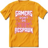 Gamers don't die T-shirt | Neon Roze | Gaming kleding | Grappig game verjaardag cadeau shirt Heren – Dames – Unisex | - Geel - L