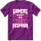 Gamers don't die T-shirt | Neon Roze | Gaming kleding | Grappig game verjaardag cadeau shirt Heren – Dames – Unisex | - Paars - M