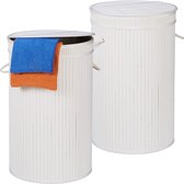 Relaxdays 2x wasmand bamboe - ronde wasbox met deksel - 63 x 40 cm - 65 liter - wit