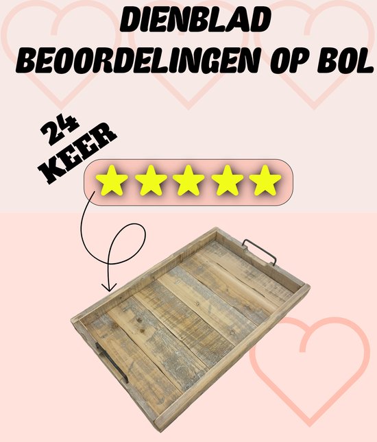 Houten dienblad met 5 sterren beoordeling. Afmetingen 58x38 cm.