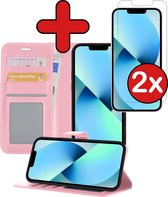 iPhone 13 Hoesje Book Case Hoes Portemonnee Cover Met 2x Screenprotector - iPhone 13 Case Hoesje Wallet Case - Licht Roze