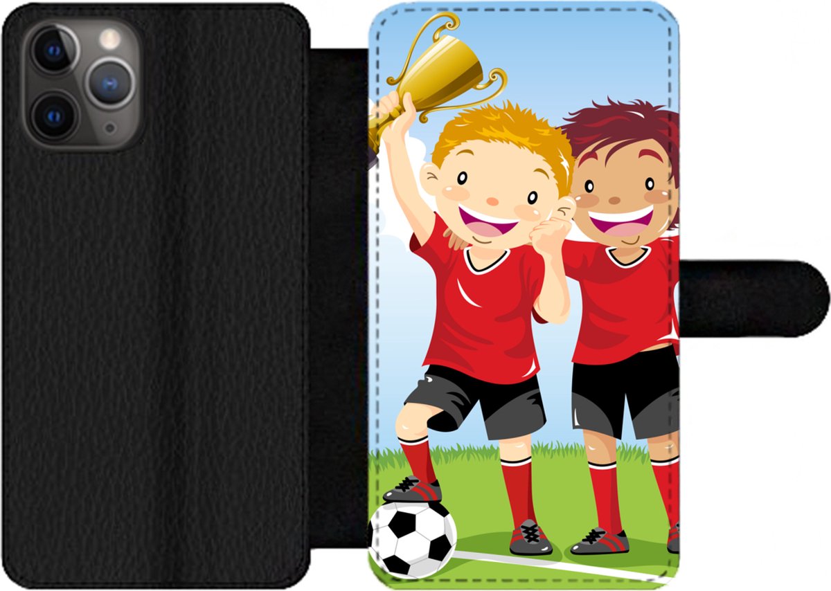 Telefoonhoesje Geschikt voor iPhone 11 Pro telefoonhoesje - Een illustratie van twee voetballers die een prijs hebben gewonnen - Jongens - Meisjes - Kind - Met vakjes - Wallet case met magneetsluiting