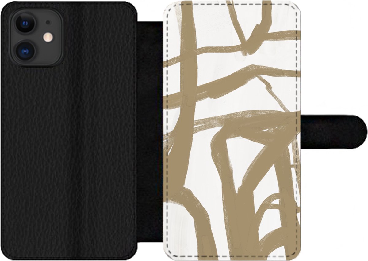 Telefoonhoesje Geschikt voor iPhone 11 telefoonhoesje - Bruin - Wit - Abstract - Met vakjes - Wallet case met magneetsluiting