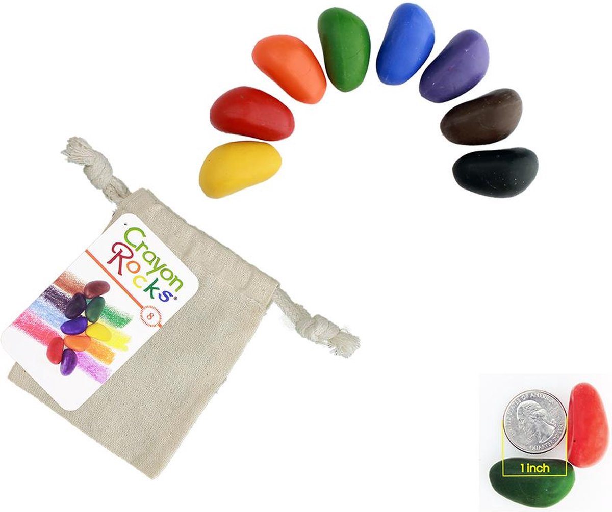 Crayon Rocks -8 kleuren in een katoenen zakje -  ecologische niet giftige waskrijtjes, pengreep stimulerend