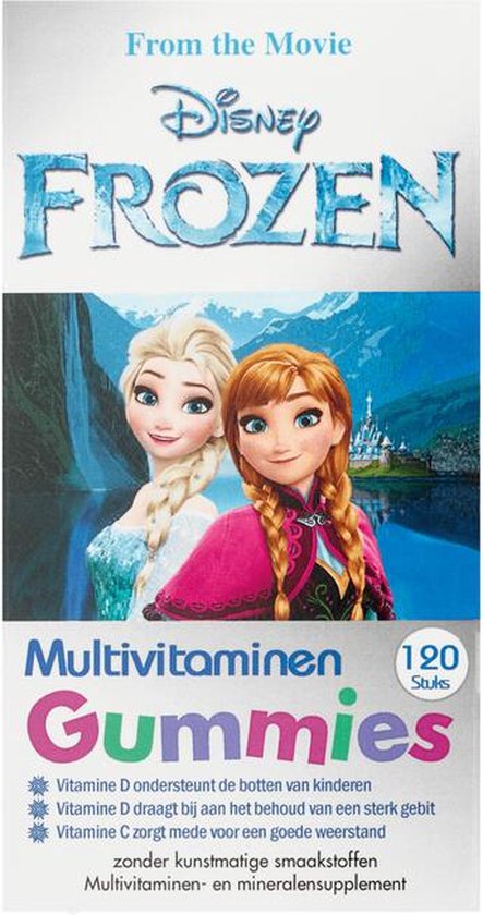 Doos multivitaminen gummies met Disney Frozen afbeelding van Elsa en Anna. 120 stuks.