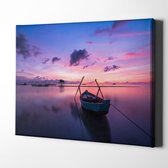 Bootje dobbert op meer met paarse zonsondergang gedrukt op canvas| Wanddecoratie Paars | Landschappen | iDecorate | Canvas liggend 30x20cm