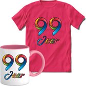 99 Jaar Vrolijke Verjaadag T-shirt met mok giftset Roze | Verjaardag cadeau pakket set | Grappig feest shirt Heren – Dames – Unisex kleding | Koffie en thee mok | Maat L