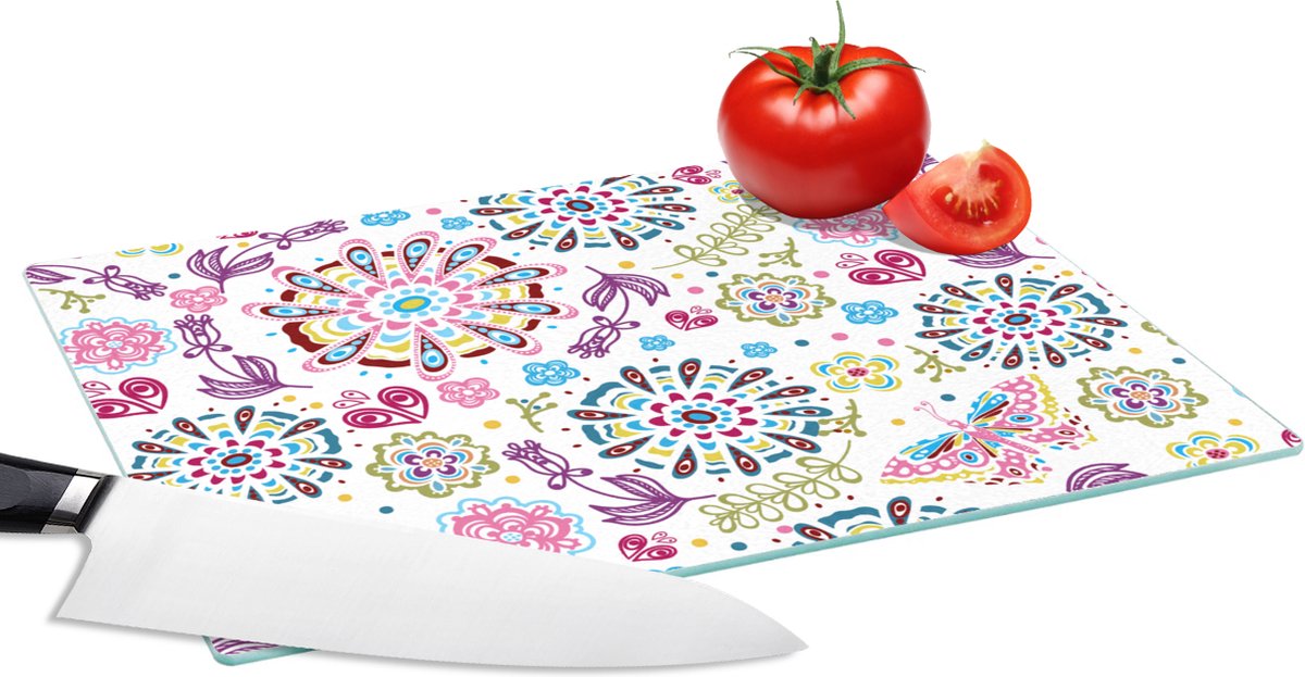 Glazen Snijplank - 28x20 - Regenboog - Bloemen - Vlinder - Design - Snijplanken Glas
