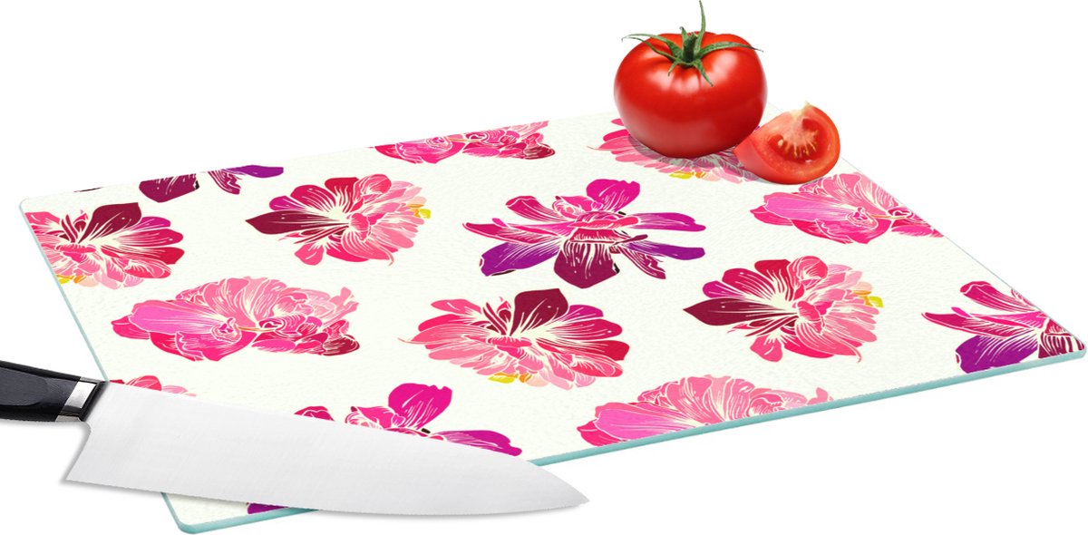 Glazen Snijplank - 39x28 - Bloemen - Roze - Patroon - Snijplanken Glas