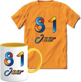 81 Jaar Vrolijke Verjaadag T-shirt met mok giftset Geel | Verjaardag cadeau pakket set | Grappig feest shirt Heren – Dames – Unisex kleding | Koffie en thee mok | Maat L