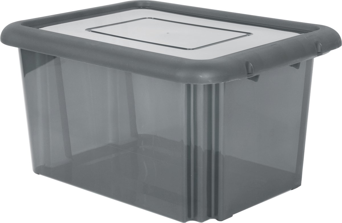 Kunststof opbergbox/opbergdoos grijs transparant L58 x B44 x H31 cm stapelbaar - Voorraad/opberg boxen/bakken met deksel