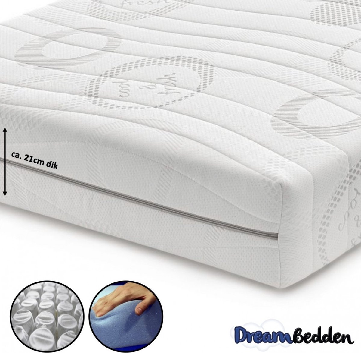 dreambedden Matras 120x210 - HR 45 Koudschuim - Pocketvering 9-zones - Cool & Fresh - ca. 21cm dik wit