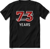73 Years - Feest kado T-Shirt Heren / Dames - Rood / Grijs - Perfect Verjaardag Cadeau Shirt - grappige Spreuken, Zinnen en Teksten. Maat XL