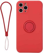 Voor iPhone 11 Pro effen kleur vloeibare siliconen schokbestendige volledige dekking beschermhoes met ringhouder en lanyard (rood)