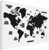 Wereldkaart Zwart Gebiednamen - Canvas 120x80