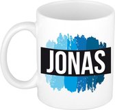 Jonas naam cadeau mok / beker met verfstrepen - Cadeau collega/ vaderdag/ verjaardag of als persoonlijke mok werknemers