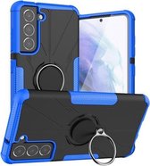 Voor Samsung Galaxy S21 FE Machine Armor Bear Shockproof PC + TPU Beschermhoes met Ring Houder (Blauw)