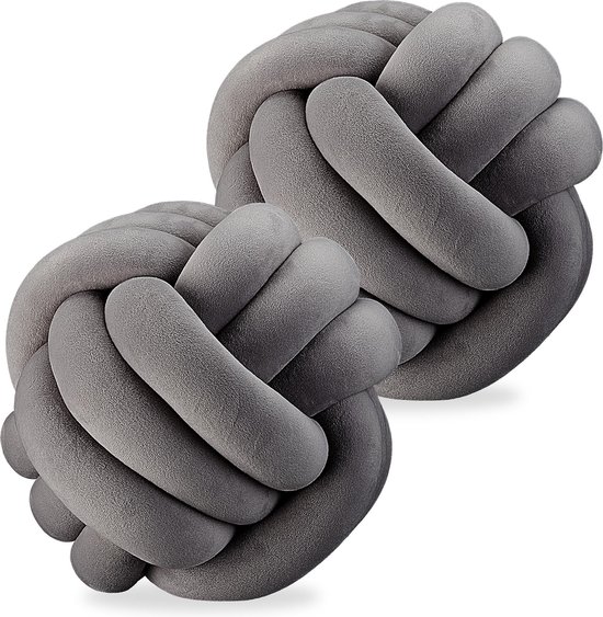 Relaxdays 2x knot kussen - sierkussen knopen - knoopkussen - Scandinavisch - 25 cm - grijs